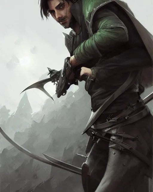 Prompt: male rogue, gray - green eyes, black assassins clothes, light brown hair, crossbow and sword on his waist | | realistic shaded, fine details, realistic shaded lighting painting by greg rutkowski, diego gisbert llorens, magali villeneuve, artgerm, jeremy lipkin, michael garmash, rob rey