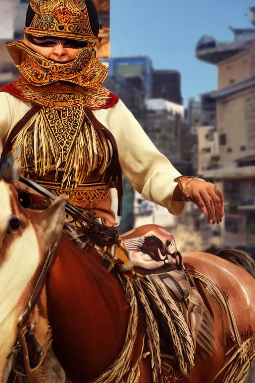 Image similar to hyperrealistic portrait from middle eastern mask woman riding horse, super highly detail, accurate, without duplication content, gta chinatown wars art style, white border frame median 5, medium close up shot, justify content center, symmetrical