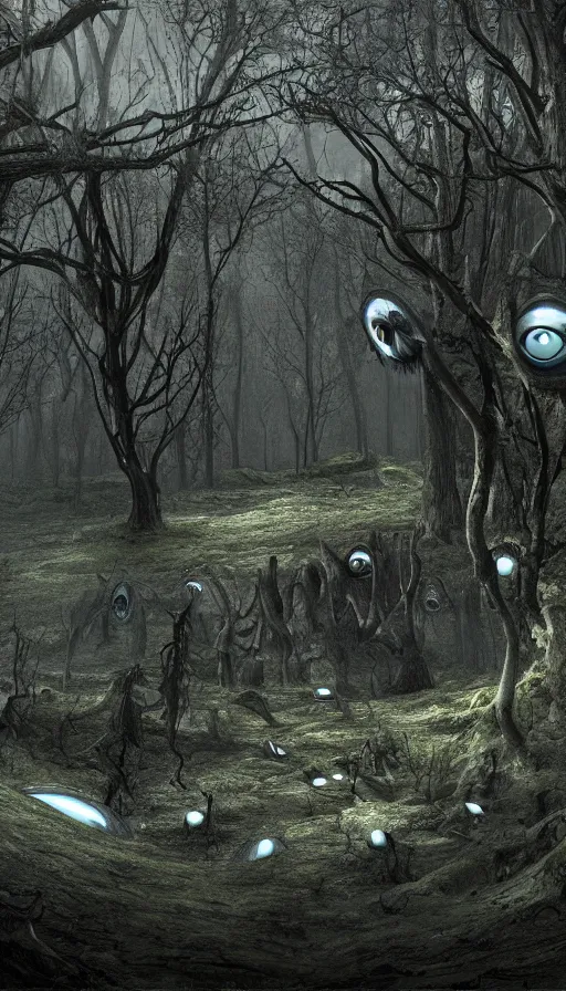 Image similar to a storm vortex made of many demonic eyes and teeth over a forest, with vray