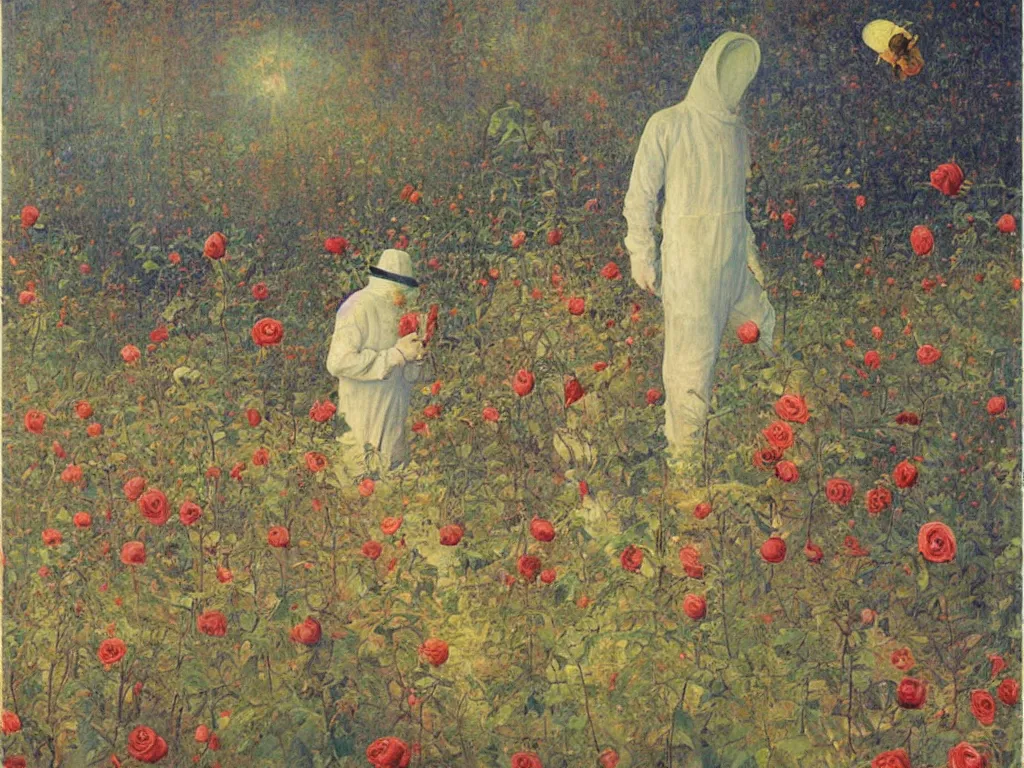 Image similar to man in white beekeeper suit with burning rose garden and small devil creatures. painting by mikalojus konstantinas ciurlionis, bosch, wayne barlowe, agnes pelton, rene magritte