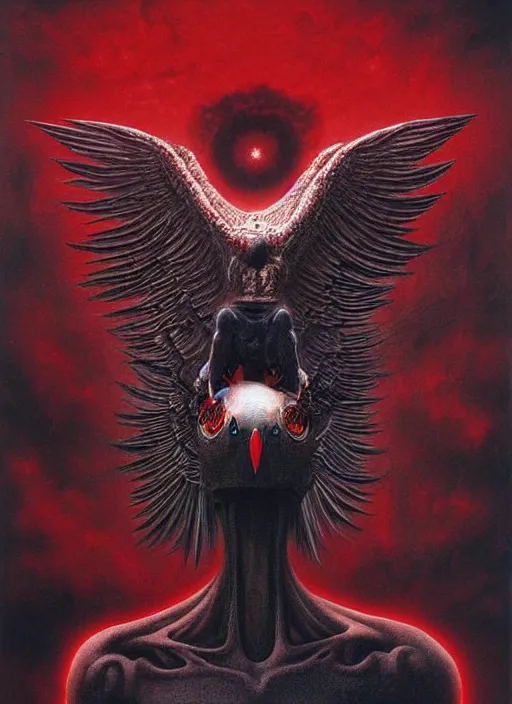 Prompt: front view of spirit of chthonic demonic pigeon with red eyes and dark grey wings, on background red like hell, highly detailed, art by Ayami Kojima, Beksinski, Giger, Beeple