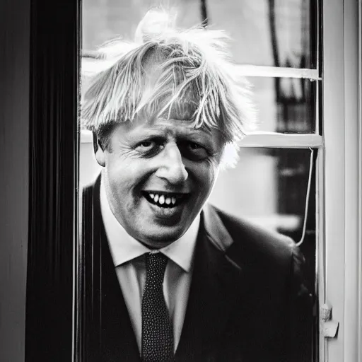 Image similar to a photo taken from the inside of an old house with window blinds being pulled back to reveal a terrifying boris johnson with his face pressed against the window with his hand on the window and a horrifying grin. horror, black and white, raining, night time