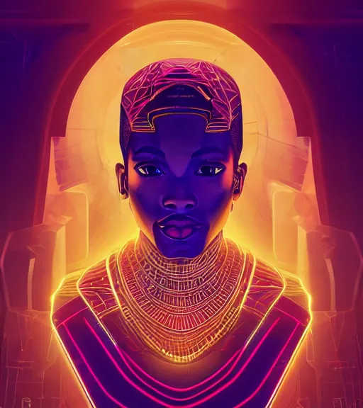 Image similar to symmetry!! egyptian prince of technology, solid cube of light, hard edges, product render retro - futuristic poster scifi, lasers and neon circuits, brown skin man egyptian prince, intricate, elegant, highly detailed, digital painting, artstation, concept art, smooth, sharp focus, illustration, dreamlike, art by artgerm