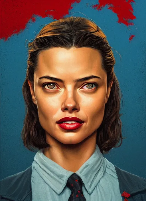 Prompt: twin peaks movie poster art, portrait of a smiling adriana lima, from scene from twin peaks, clean, simple illustration, nostalgic, domestic, highly detailed, digital painting, artstation, concept art, smooth, sharp focus, illustration, artgerm, donato giancola, joseph christian leyendecker, wlop