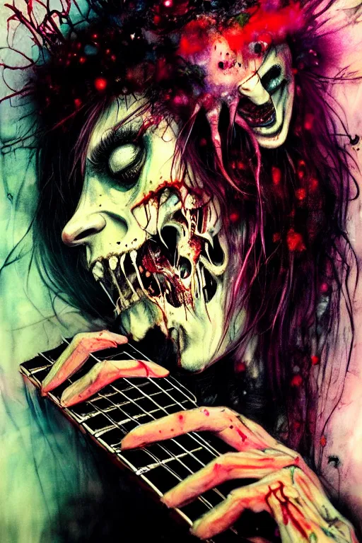 Image similar to zombie punk rocker playing guitar by agnes cecile, brian froud, intricated details, 3 / 4 view, full body portrait, extremely luminous bright design, horror, pastel colours, toxic drips, autumn lights