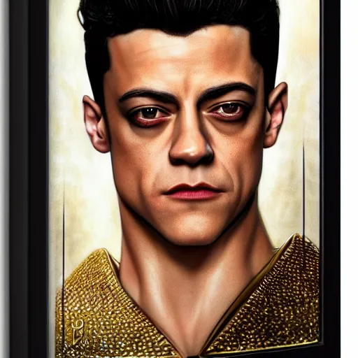 Image similar to a detailed fantasy character portrait of Rami Malek as egyptian king of arts by lauri blank, artgerm, evelyn de morgan, 8K, 50mm lens