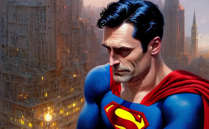 Image similar to highly detailed portrait of john hamm as superman, in dc comics, stephen bliss, unreal engine, fantasy art by greg rutkowski, loish, rhads, ferdinand knab, makoto shinkai and lois van baarle, ilya kuvshinov, rossdraws, tom bagshaw, global illumination, radiant light, detailed and intricate environment