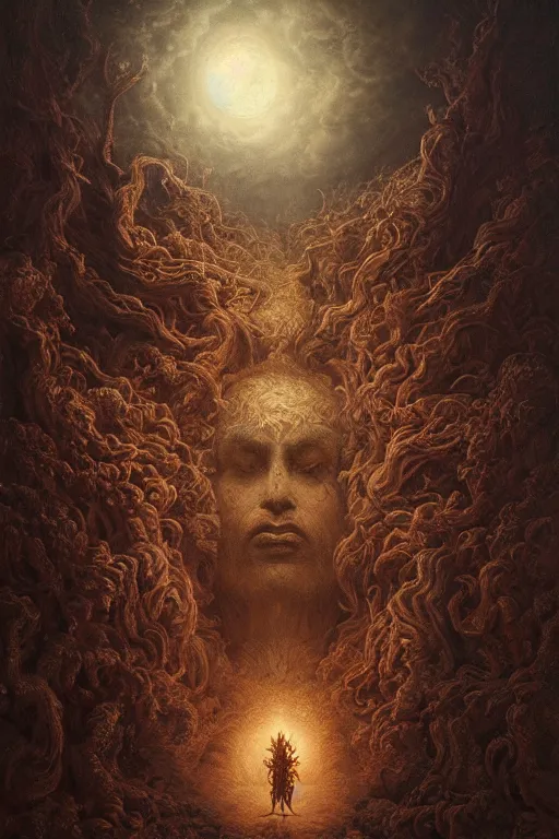 Image similar to Intricate stunning highly detailed deity by agostino arrivabene, Greg Rutkowski , surreal, digital painting, ultra realistic, Horror vacui, dramatic lighting, full moon, ravens, thick black swirling smoke tornado, burning fire embers, artstation