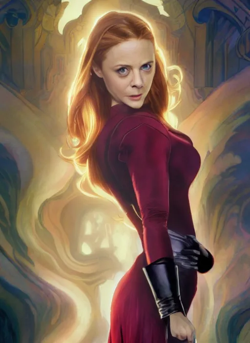 Prompt: melissa joan hart as scarlett witch, 8 k, art by artgerm and greg rutkowski and alphonse mucha, movie screenshot