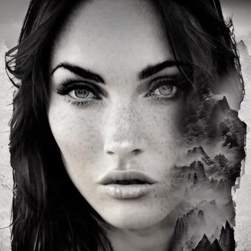 Image similar to double - exposure effect of megan fox face in the shape of beautiful mountains, in the style of dan mountford, amazing detail, black and white