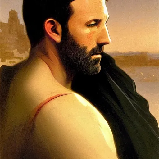 Image similar to Painting of Ben Affleck's Batman. Art by William Adolphe Bouguereau. During golden hour. Extremely detailed. Beautiful. 4K. Award-winning.