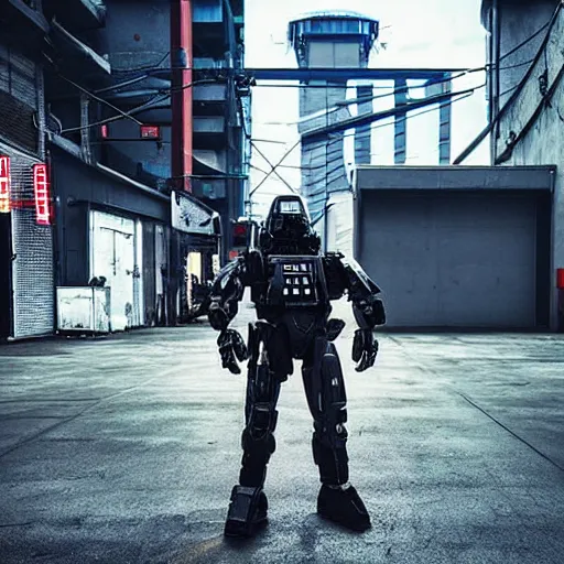 Image similar to “ED-209 is patrolling near the entrance to an industrial warehouse. Street level. 2077 Photomode in the architectural style of Neo-Tokyo. 8k ”