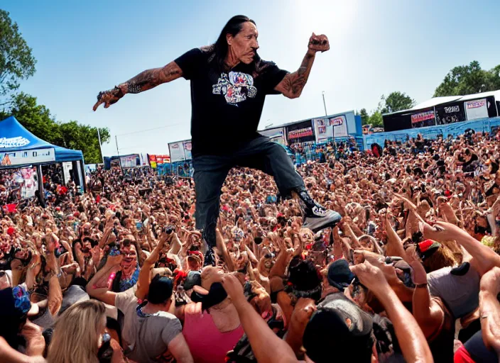 Image similar to photo still of danny trejo at vans warped tour!!!!!!!! at age 6 3 years old 6 3 years of age!!!!!!! stage diving at a crowd, 8 k, 8 5 mm f 1. 8, studio lighting, rim light, right side key light