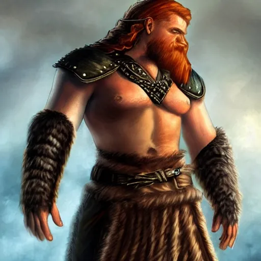 Prompt: ginger viking with flowing long wavy hair in leather armor, very pale, very hairy chest, bare chest, very thick legs, bare legs, husky body type, very muscular, very tall, full body picture, fantasy, dungeons and dragons, detailed digital art, 4 k