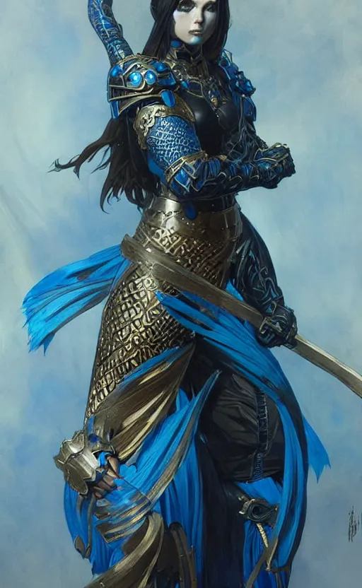 Image similar to Gothic muscular warrior queen in blue and black mythical heavy armor, fantasy, highly detailed, digital painting, artstation, concept art, smooth, sharp focus, illustration, art by artgerm and greg rutkowski and alphonse mucha