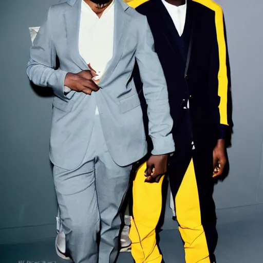 Image similar to A photo of Chance the Rapper and Kanye West standing side by side in suits by Wes Anderosn, 8K concept art, vintage, shot on Kodak Ektar