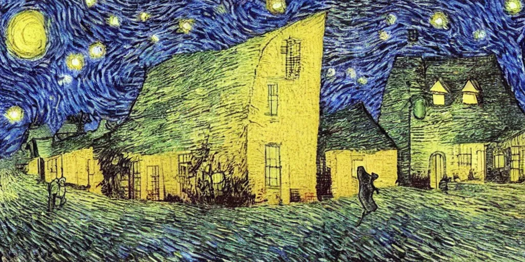 Prompt: cat walking down a long tree lined avenue with a small cottage at the far end, it is night and the sky looks like van gogh starry night, style of dave mckean, illustration, collage