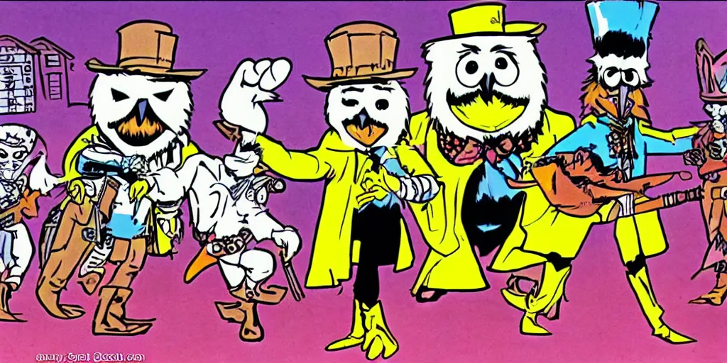 Prompt: saturday morning cartoon shot of an owl dressed as the lone ranger, style of school house rock, 1980s
