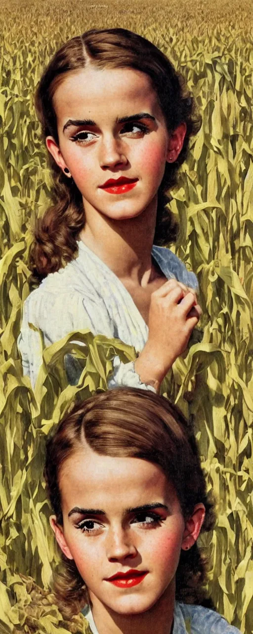 Image similar to photo photorealistic medium shot head and chest portrait photograph Emma Watson picnic in a corn field 1950s portrait by Norman Rockwell