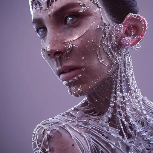 Image similar to full body detailed, ethereal, biomechanical, covered in diamonds and other gems glowing, highly detailed face, elegant posed, intricate, extremy detailed, beeple, cgsociety, 3 d unreal engine octane render. cinematic lighting, highly detailed 4 k art