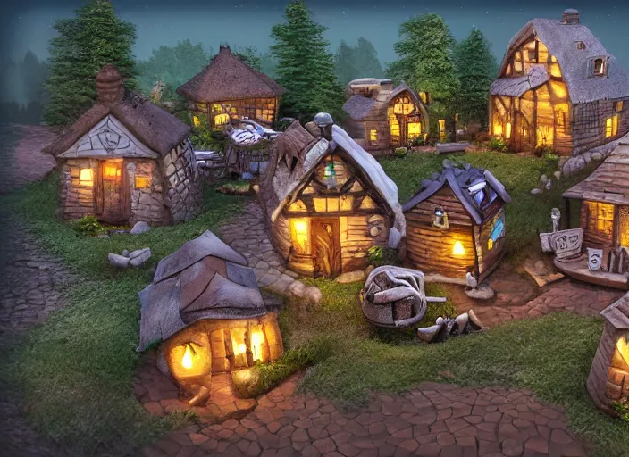 Prompt: munchkin village house, 3d model, miniature, iso, isometric view, gas lighting, stone and wood, dead trees, arches, round windows, moon windows, circles, digital art, unreal engine, artgerm, thomas kinkade, blizzard
