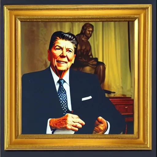 Image similar to [ ronald reagan sitting in chair... tiger lying at his feet ]