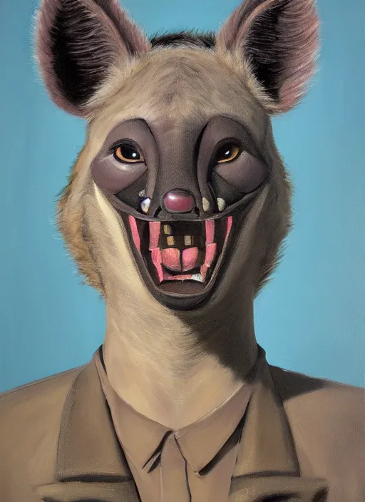 Image similar to oil painting detailed full body of anthromorphic female hyena, in style of zootopia, zootopia, zootopia, fursona, furry, furaffinity, 4 k, deviantart, furry art, fursona art, wearing black business suit, business suit, in style of zootopia, hyena fursona, cyberpunk, female, expressive, detailed feminine face,