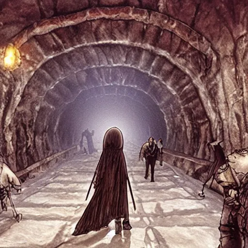 Prompt: followship of the ring entering moria