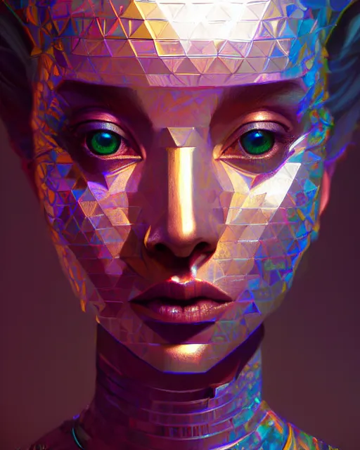 Image similar to highly detailed surreal vfx portrait of a metallic chromatic geometric tribal young woman, behance, stephen bliss, unreal engine, greg rutkowski, loish, rhads, beeple, makoto shinkai and lois van baarle, ilya kuvshinov, rossdraws, tom bagshaw, alphonse mucha, global illumination, detailed and intricate environment