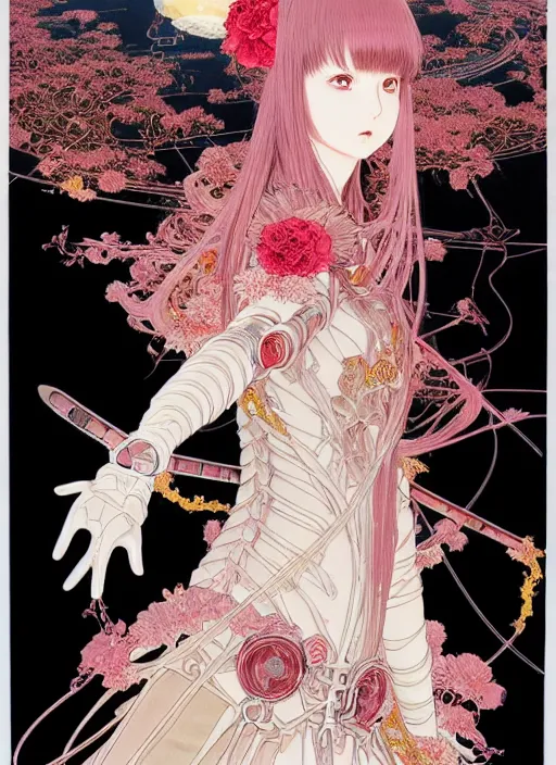 Image similar to highly detailed illustration yoneyama mai artstation katsuhiro otomo fluorescent fantastic fate manga poster of princess mechine, minaba hideo, takato yamamoto, long hair, art nouveau, armor, laces, ruffles, 8 k, maximalist,