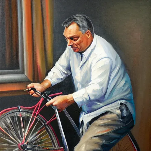 Prompt: viktor orban repairing a bicycle, oil painting