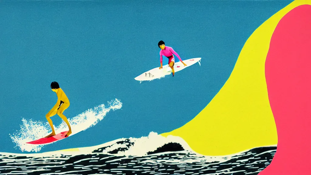 Prompt: surfing in miura, kanagawa japan, a collage painting, in the style of wes anderson, lola dupre, david hockney, isolated on negative white space background dark monochrome neon fluorescent spraypaint accents volumetric octane render
