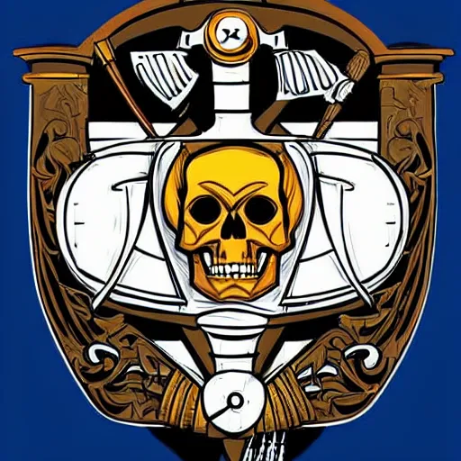 Image similar to an old coat of arms in a 1930s retro futurism style, with bones annd skulls