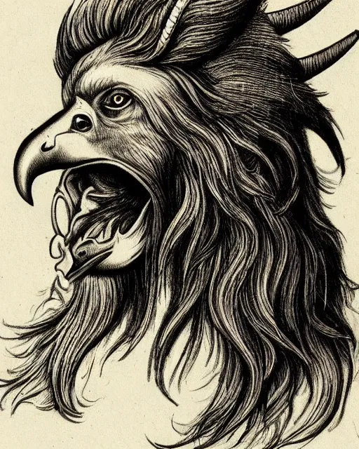 Prompt: human / eagle / lion / ox hybrid. horns, beak, mane, human body. symmetrical. drawn by da vinci