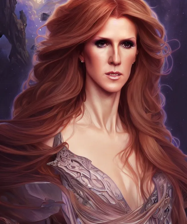 Prompt: Celin Dion as a fantasy magic woman portrait, sci-fi, amber eyes, face, long hair, fantasy, intricate, elegant, highly detailed, digital painting, artstation, concept art, smooth, sharp focus, illustration, art by artgerm and greg rutkowski and alphonse mucha