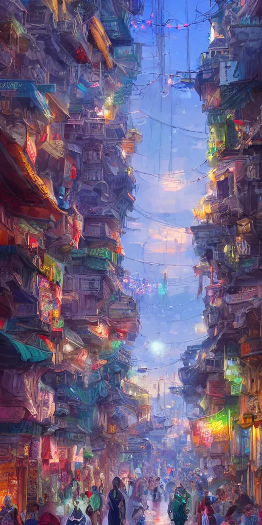 Image similar to Street view of a magical eastern civilization at day, built around ocean, full with people, a lot of lights, huge architectures. Trending on artstation