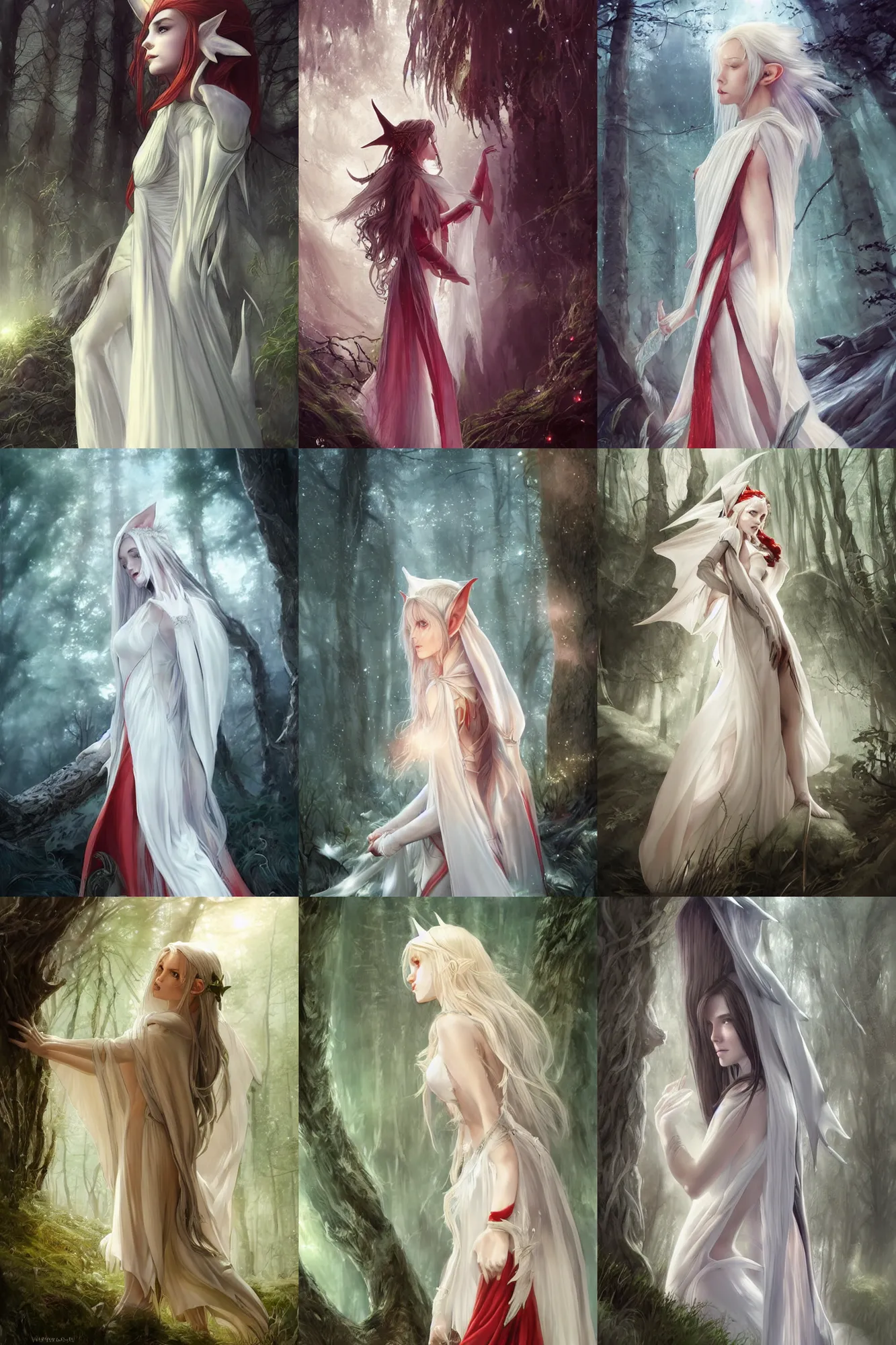 Prompt: side portrait close high-fantasy elf girl with detailed pointed sharp long ears, translucent off-white gown and cloak, fantasy forest landscape, moonshine, fantasy magic, feathery red hair, dark light night, intricate, elegant, sharp focus, illustration, highly detailed, digital painting, concept art, matte, art by WLOP and Artgerm and Greg Rutkowski and Alphonse Mucha, masterpiece