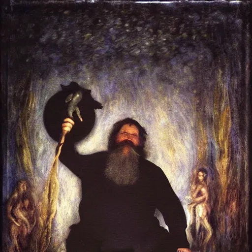 Prompt: by bill henson, by pierre - auguste renoir dark exciting. a mixed mediart of a mythological scene. large, bearded man seated on a throne, surrounded by sea creatures. he has a trident in one hand & a shield in the other. behind him is a large fish. in front of him are two smaller creatures.