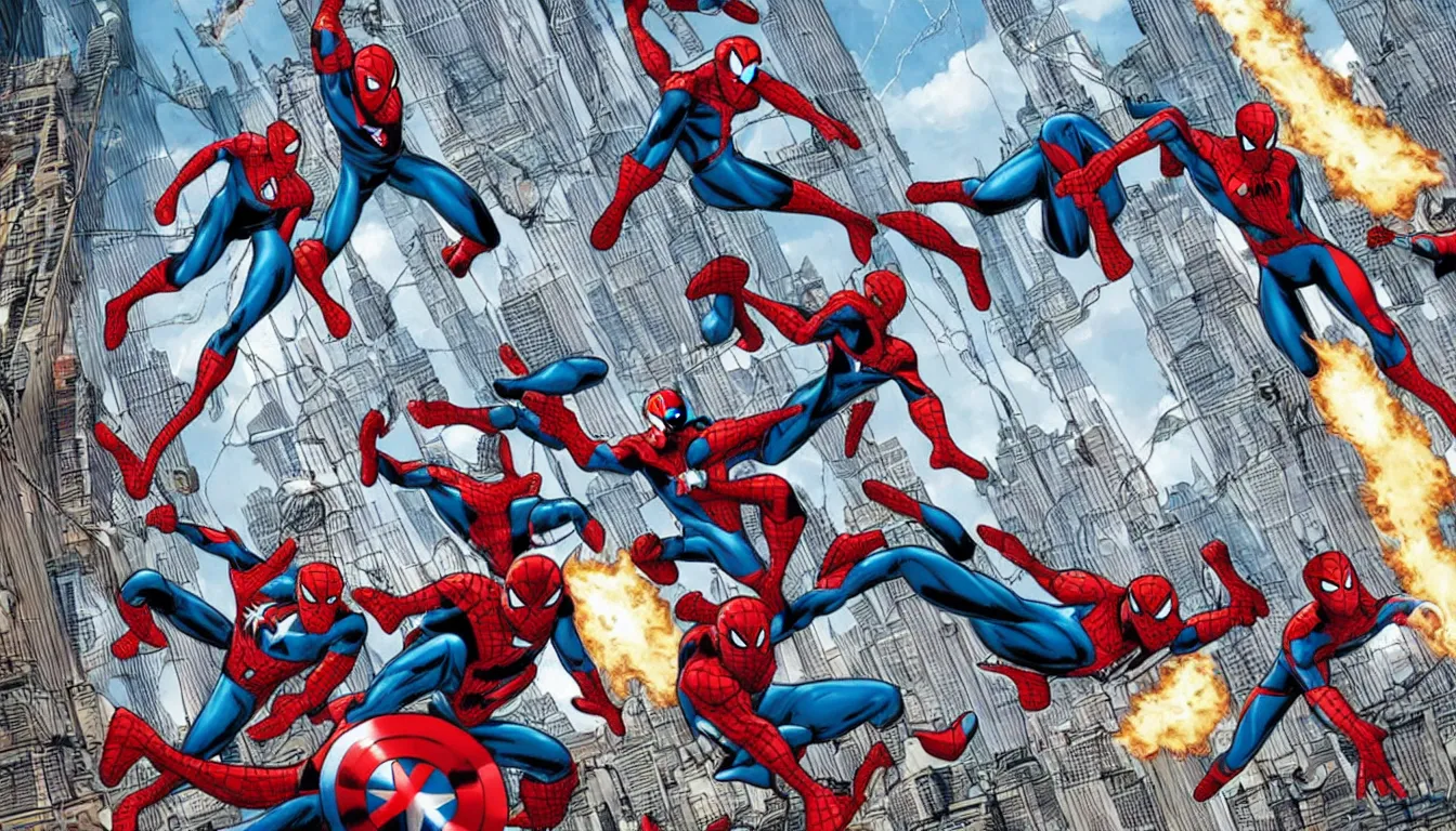 Image similar to a wide angle action shot of avengers defending brooklyn bridge from alien invasion, spider-man swinging on a web in the background, in the style of marvel comics, graphic novel