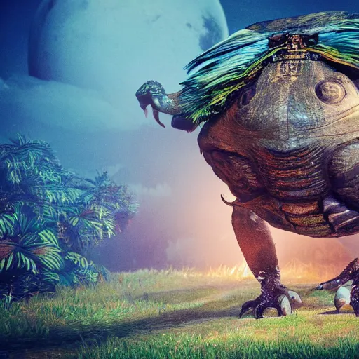 Prompt: a bird turtle tractor hybrid creature monster with metal scales feathers, rich diverse lush alien world, dramatic lighting, in the style of national geographic, illustration, octane render