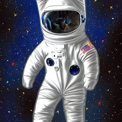 Image similar to a cat wearing a space suit while floating in space, digital art