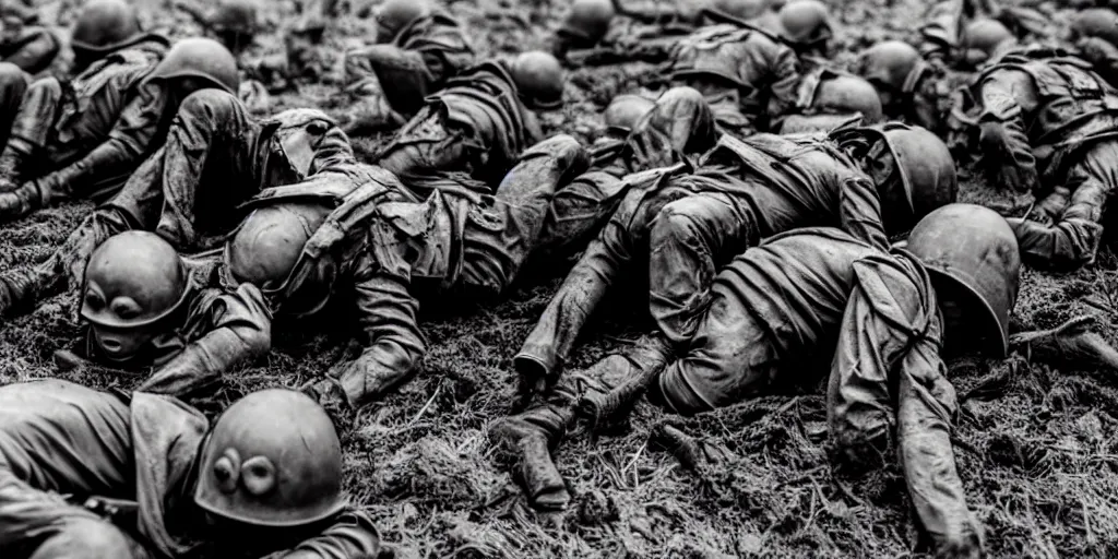 Image similar to exhausted wartorn minions in vietnam, destroyed field, explosions, blood, warzone, war, hyperrealistic, sharp focus, award winning photo