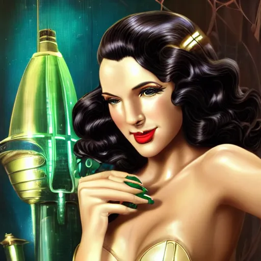 Prompt: beautiful woman with long wavy curly black hair and green eyes, wearing a cocktail dress, talking to the viewer with mouth open. she is in the bar of the atlantis paradise, a retro futuristic spaceship made of brass bronze gold, art deco influence, hotel style design. bioshock, starship titanic. clean, well composed painting by artgerm and greg rutkowski.