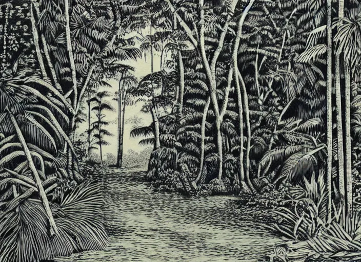 Image similar to a beautiful wood engraving on paper of the jungle