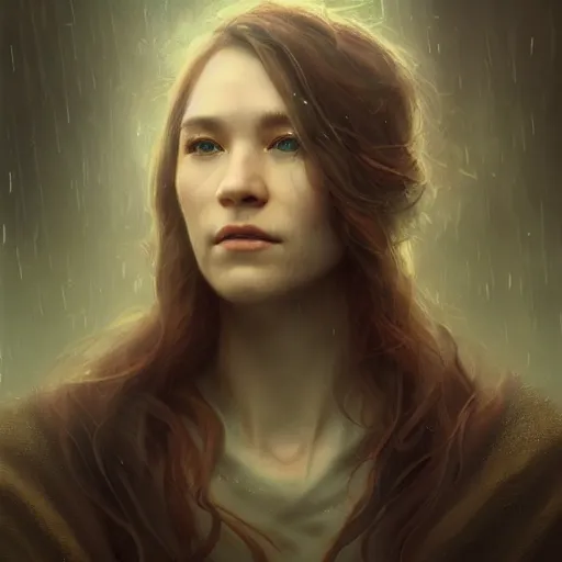 Image similar to Beautiful aesthetically pleasing female oracle of Delphi portrait, face centered portrait, Confident, fog, rain, volumetric lighting, beautiful, golden hour, sharp focus, ultra detailed, conceptartworld by Leesha Hannigan, Ross Tran, Thierry Doizon, Kai Carpenter, Ignacio Fernández Ríos