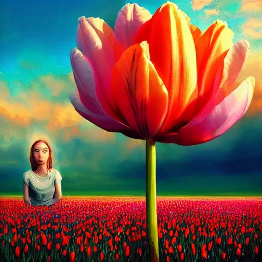 Image similar to large tulip head, girl floating in a flower field, surreal photography, sunrise dramatic light, impressionist painting, colorful clouds, digital painting, artstation, simon stalenhag
