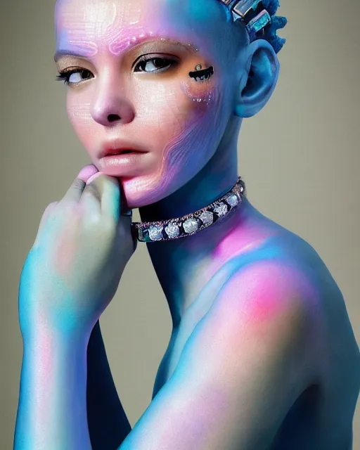 Image similar to natural light, soft focus portrait of a android with soft synthetic pink skin, blue bioluminescent plastics, smooth shiny metal, elaborate diamond ornate head piece, piercings, face tattoo, skin textures, by annie liebovotz, paul lehr,