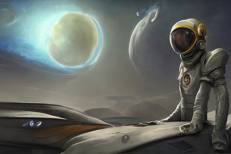 Prompt: character design, a pilot back turned, holding a helmet, pterosaur styling on the space suit, kanji insignia and numbering, Raymond Swanland and Jessica Rossier nebula like clouds in space background near a ringed gas giant, hyper detailed hyper detailed, 8k, ultra realistic, cinematic lighting, ultra wide 35mm lens, Boeing Concept Art, Lockheed concept art