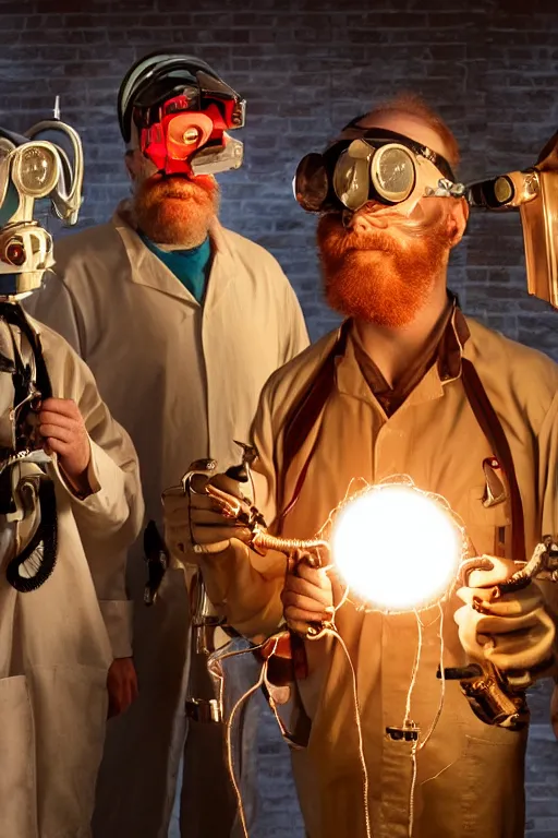 Image similar to a person with 3 eyes, person with a 3rd eye in the middle of their forehead, an awkwardly tall scientist with 3 eyes and a tangled beard and unruly red hair atop his balding head wearing a headlamp a labcoat and welding goggles and holding a beaker, led headlamp, high resolution film still, movie by Ivan Reitman