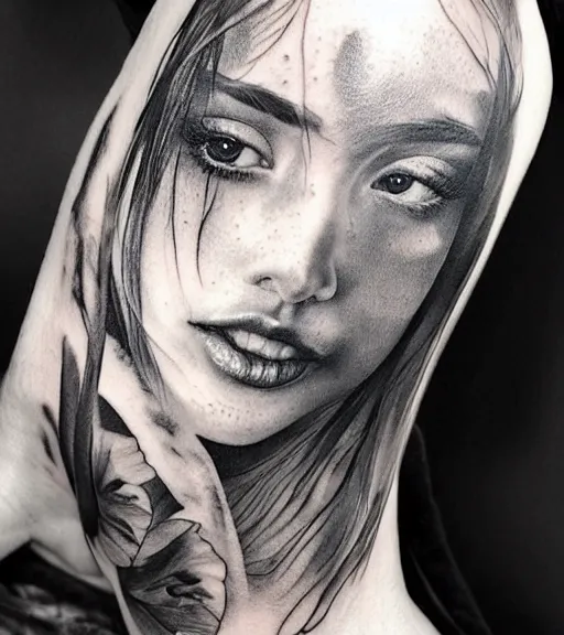 Image similar to a beautiful girl portrait in amazing nature and mountains, realism tattoo, in the style of den yakovlev, black and white, hyper realistic, highly detailed